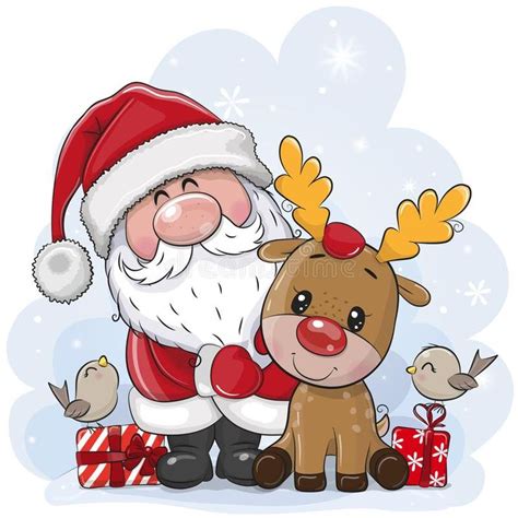 Cartoon Santa Claus With Deer On A Blue Background Stock Vector