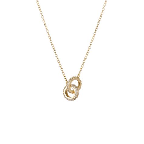 Gold Double Circle Interlocking Cubic Zirconia Stationed Necklace