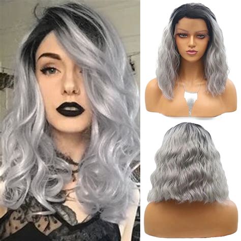 Rongduoyi Ombre Grey Short Bob Hair Lace Front Wig Middle Part Natural