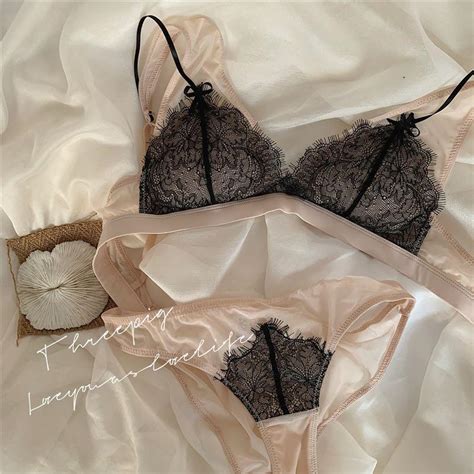 INSTOCKS Lace Panel Triangle Bra Panties Underwear Piece Set Nude Beige X Black Women S