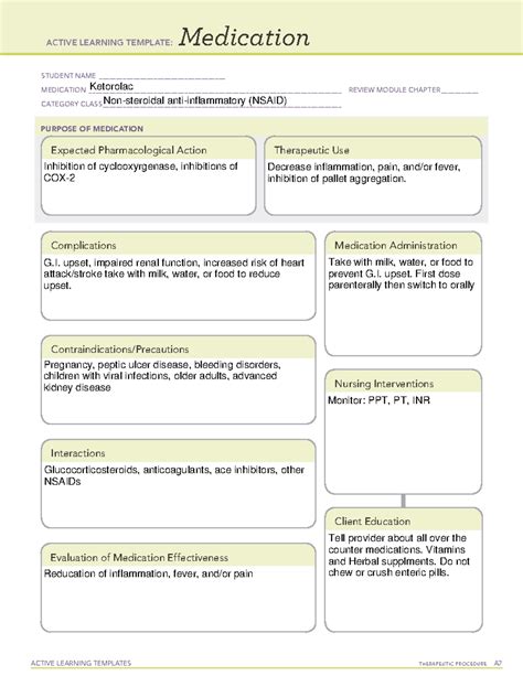 Ketorolac Ati Sheet Lab Active Learning Templates Therapeutic