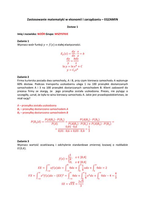 Egz Matma Z Odp Zastosowanie Matematyki W Ekonomii I Zarz Dzaniu