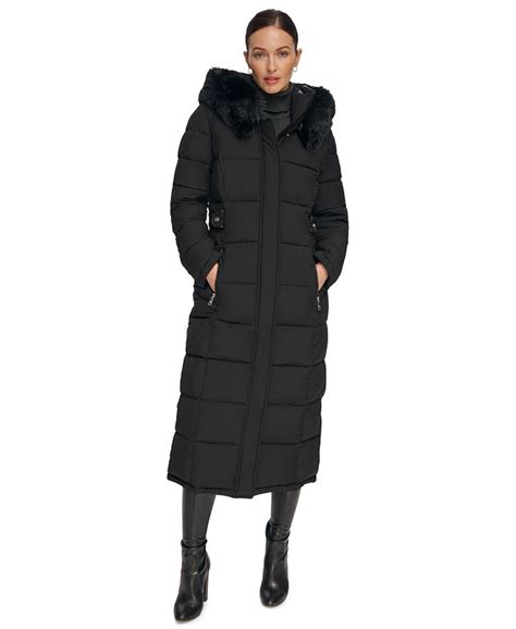 Dkny Womens Faux Fur Trim Hooded Maxi Puffer Coat Macys