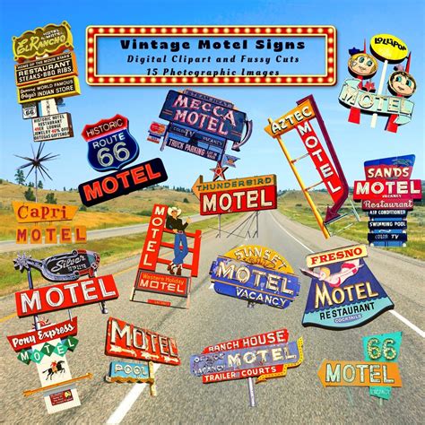 Motel Signs Retro Vintage Clipart Fussy Cuts Travel Ephemera Route 66 ...