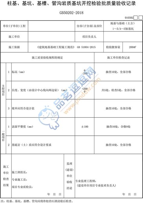 【土石方】010502 柱基、基坑、基槽、管沟岩质基坑开挖检验批质量验收记录品茗逗逗网品茗施工软件服务平台