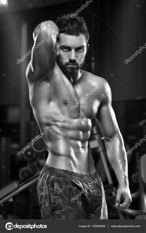 Sexy Muscular Man In Gym Shaped Abdominal Strong Male Naked Torso Abs