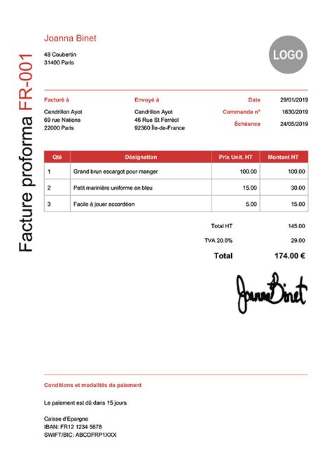 Factures Proforma Pdf Gratuites Créez Téléchargez Une Facture