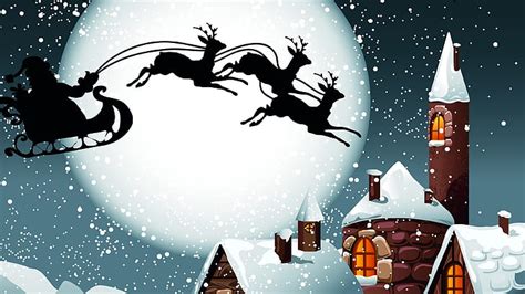 Holiday Christmas House Moon Night Reindeer Santa Silhouette Sleigh Hd Wallpaper