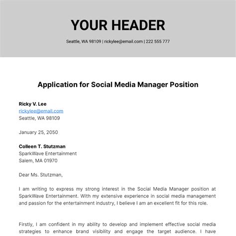 Social Media Manager Cover Letter Template Edit Online And Download