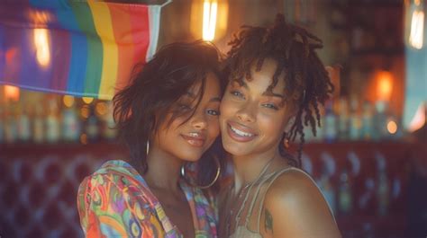 Premium Photo A Lesbian Couple Embraces Outdoors In Summer With LGBT Rainbow Flag