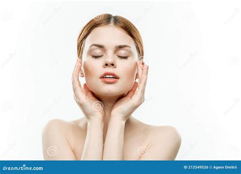 Emotional Woman Holding Hands On Face Naked Shoulders Charm Cosmetics