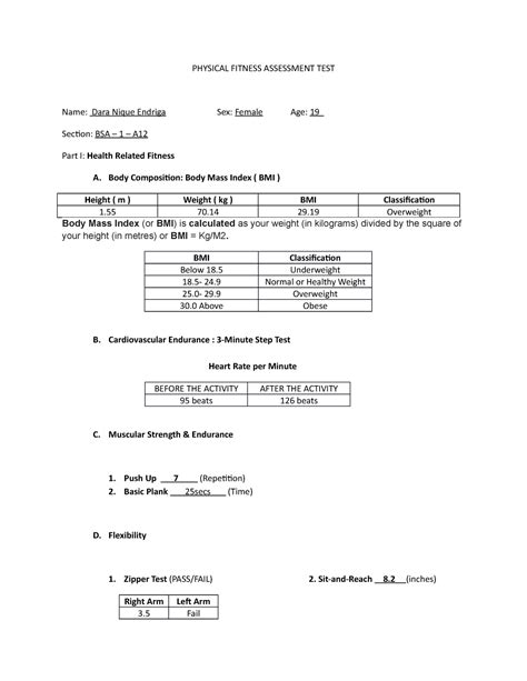 Physical Fitness Assessment Test 3 Physical Fitness Assessment Test Name Dara Nique Endriga