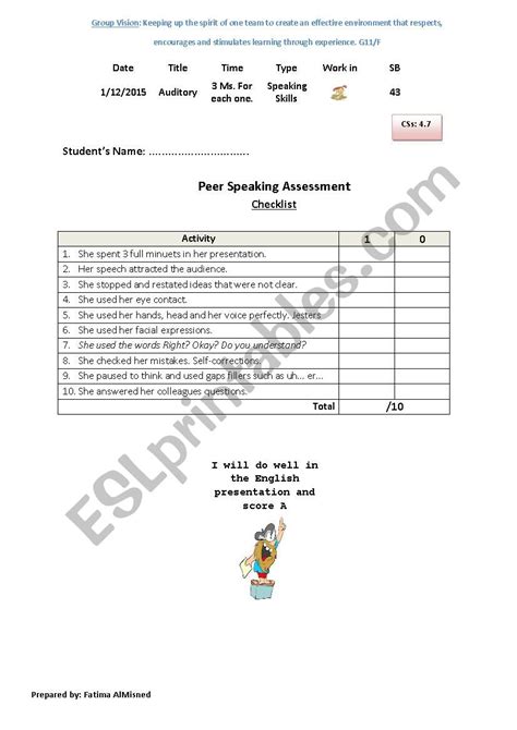 Peer Speaking Assessment Esl Worksheet By Fattami