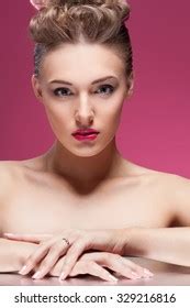 Naked Beautiful Woman Pink Lips Posing Stock Photo