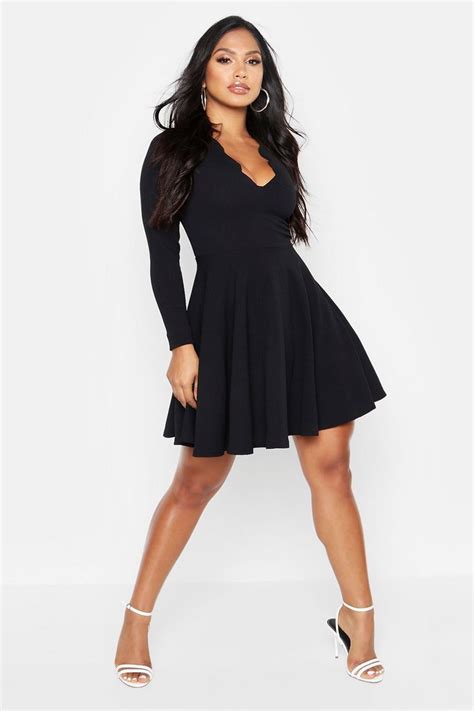 Long Sleeve Scalloped Plunge Skater Dress Skater Dress Plunge Skater