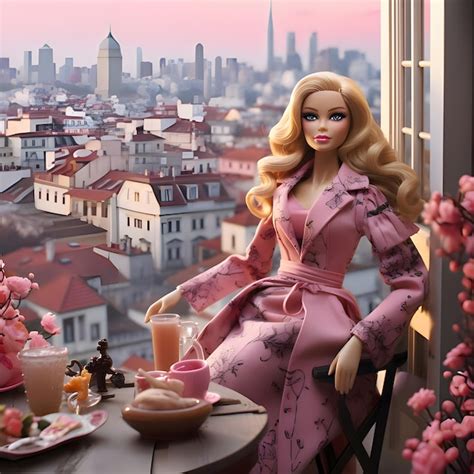 Premium Ai Image Cute Blonde Barbie Wearing A Pink Clothing At The Food Table Against City
