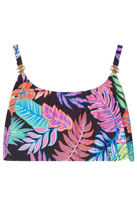 YOURS Plus Size Black Leaf Print Frill Bikini Top Yours Clothing