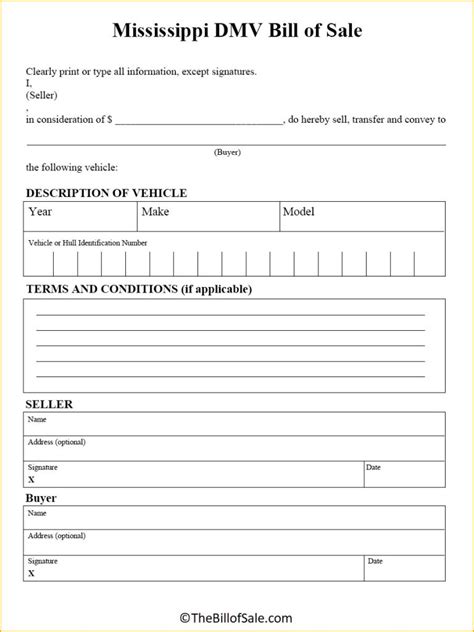 Mississippi Bill Of Sale Form For General Car Vehicle And Dmv Pdf