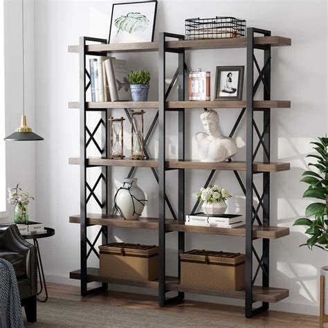 Little Tree 5 Tier Double Wide Open Bookcase Solid Wood Industrial Large Metal Bookcases