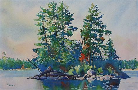 Island Watercolor Print Lake Landscape Painting Island Art Etsy