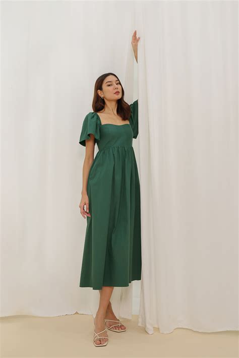 Lucinda Padded Flutter Sleeve Midaxi Dress Castleton Green Lovet