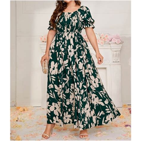 Bellanblue Dresses Boho Plus Floral Print Tropical Puff Sleeve Maxi