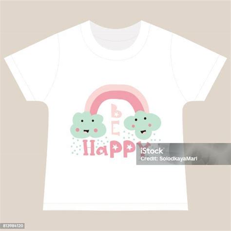 Tshirt Anakanak Mencetak Template Pelangi Lucu Dengan Awan Ilustrasi Vektor Ilustrasi Stok