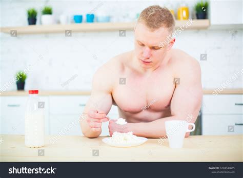 Muscular Man Naked Torso Kitchen Milk Stock Photo 1204540885 Shutterstock