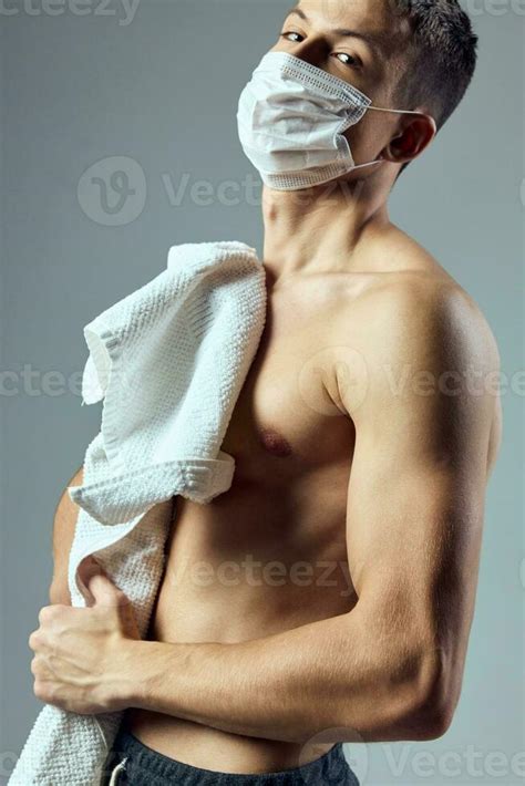Sport Man With Naked Muscular Body Medical Mask Workout Isolated Background Stock Photo