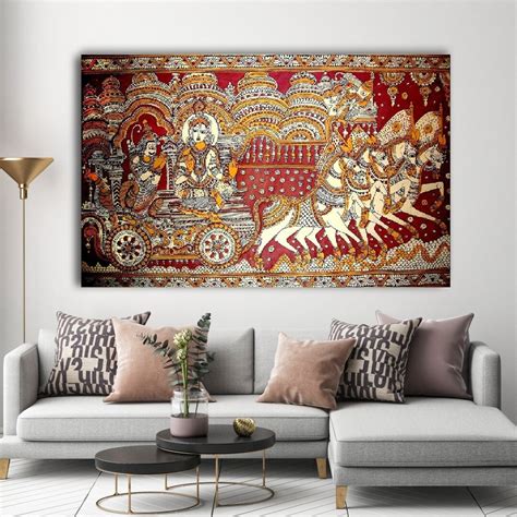 Krishna With Arjun Indian Art Rolled Madhubani Canvas Wall Art