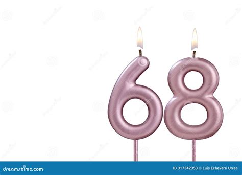 Candle Number 68 Lit Birthday Candle On White Background Stock Image