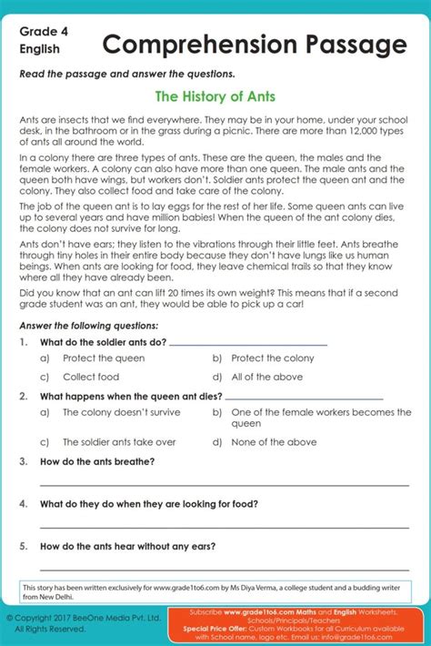 Grade 4 English Reading Comprehension Worksheet 3rd Grade Reading Comprehension Worksheets