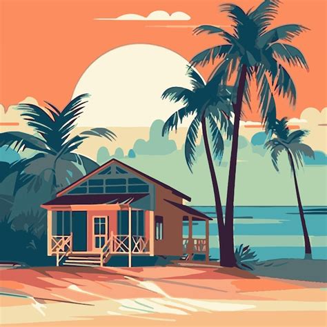 Una Escena De Playa Con Una Casa En La Playa Y Palmeras Vector Premium