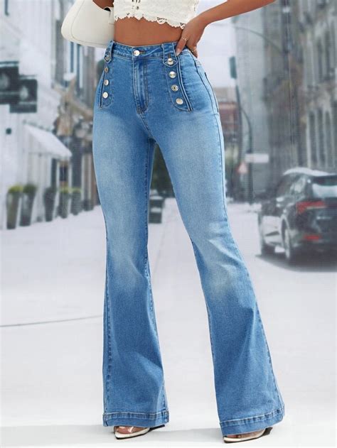 Button Detail Flare Leg Jeans Shein Usa