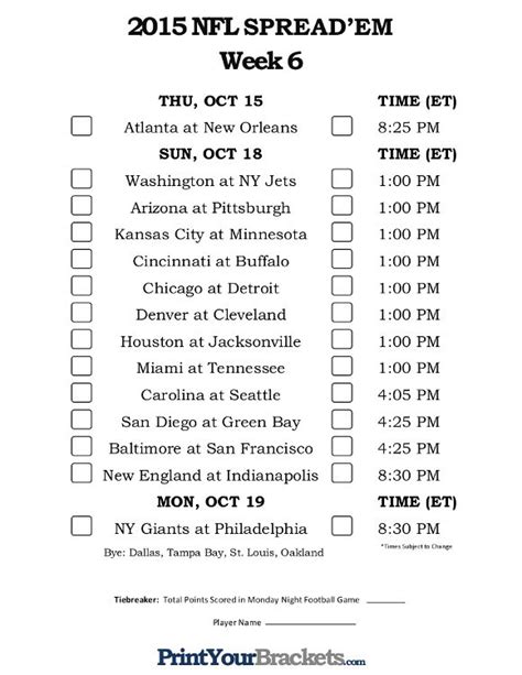 Week 6 Nfl Schedule Printable