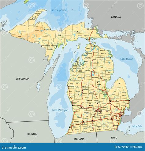 Detailed Michigan Physical Map With Labeling Stock Vector