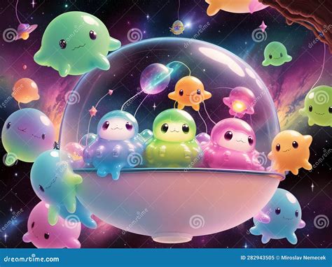 Cute Slime Creatures in Outerspace, Generative AI Illustration Stock ...