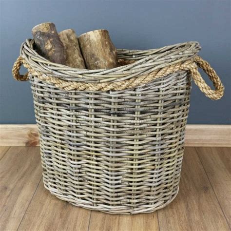 Grey Buff Rattan Oval Rope Wicker Log Basket The Basket Company