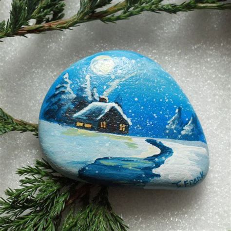 Painted Winter Cabin Rock Painted Rocks Winter Cabin Painting