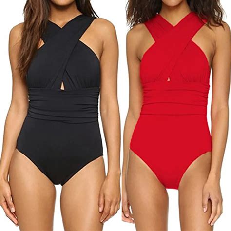 2018 Black Swimwear Women Bathing Bodysuit Front Criss Cross Ruched