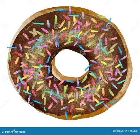 Watercolor Sweet Chocolate Donut In Brown Chocolate Glaze Sprinkles