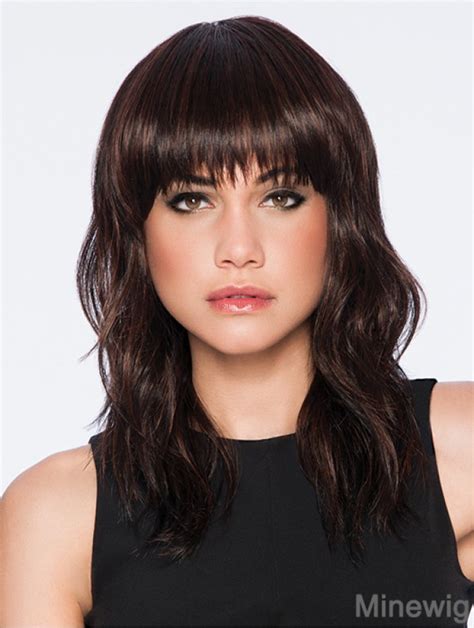 Wavy Brown Synthetic With Bangs Inch Medium Length Wigs For Women