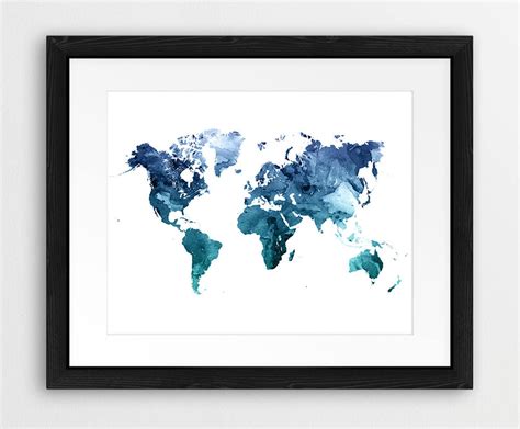 World Map Watercolor Print World Map Poster Watercolor Blue - Etsy