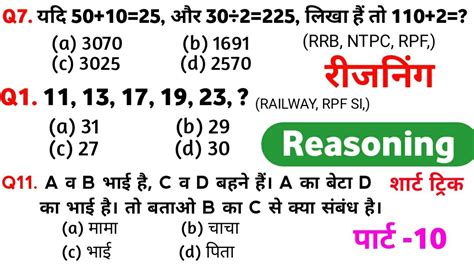 Reasoning परकटस Set10 SSC Railway UPP RPF SI NTPC CGL CHSL