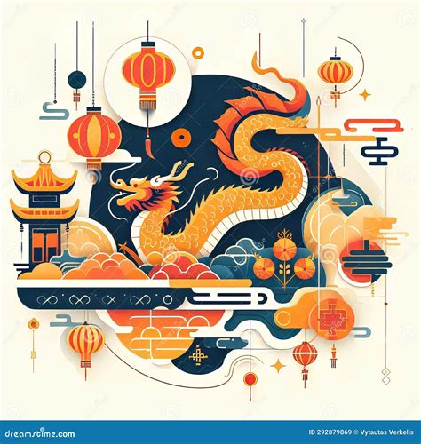 Chinese New Year Banner with Dragon and Lanterns. Stock Illustration ...