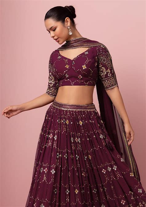 Buy Women Wine Tonal Sequin Embroidered Lehenga Set With Blouse And