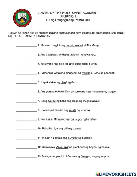 Uri ng Pangngalang Pambalana interactive worksheet | 1st grade ...