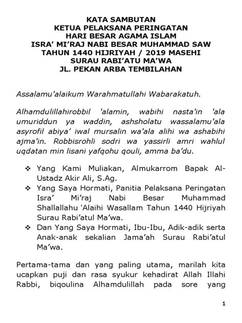 kata sambutan ketua pelaksana peringatan isra miraj