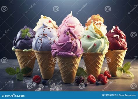 Assorted Ice Cream Waffle Cones In A Row Colorful Different Flavor