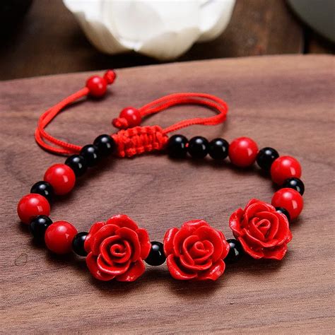 Charm Ethnic Wove Red Rose Bracelet For Women Handmade Lacquer Carved